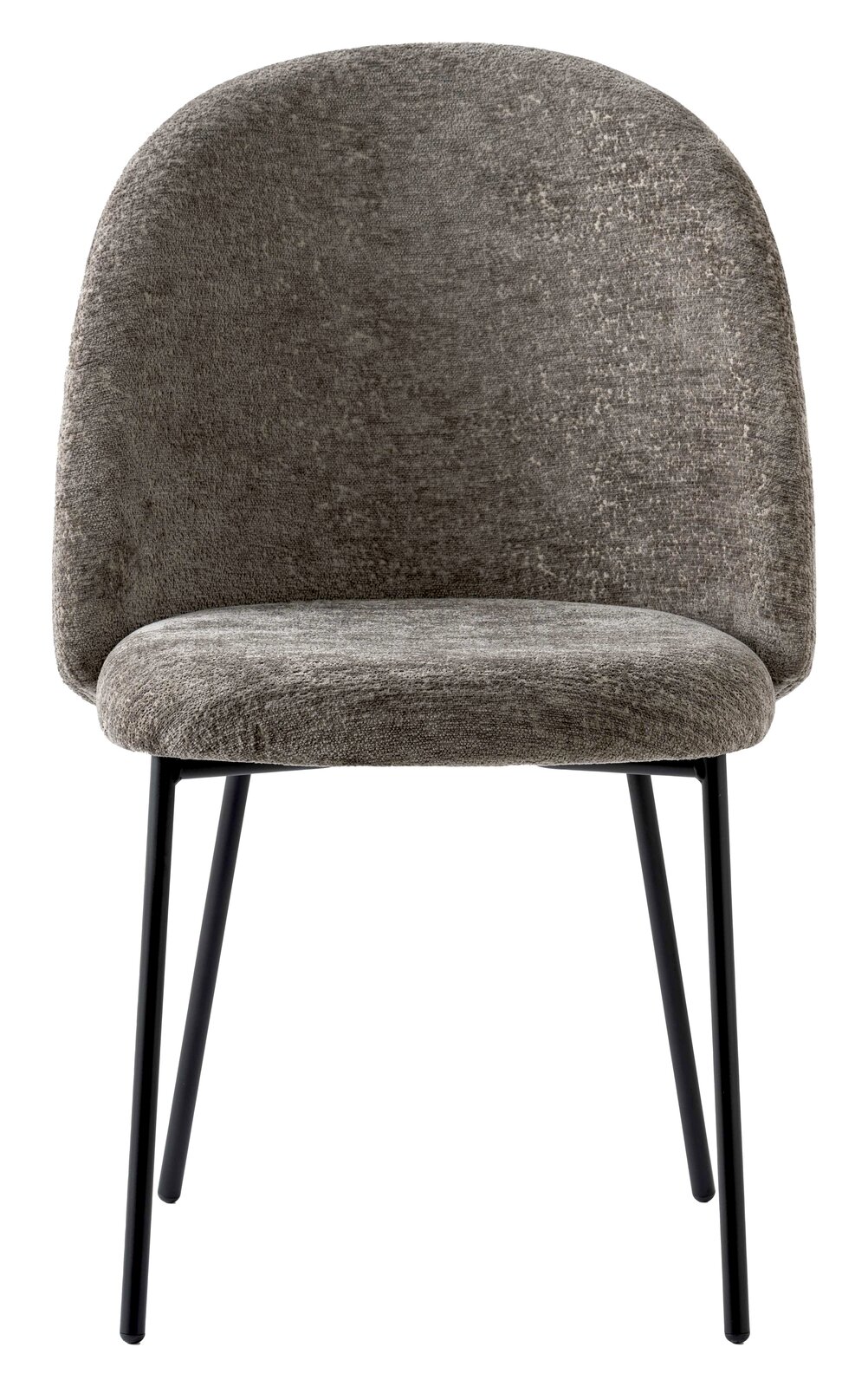 Grauer Stuhl mit gepolsterter Rückenlehne und Sitzfläche, schwarze Metallbeine, Frontalansicht