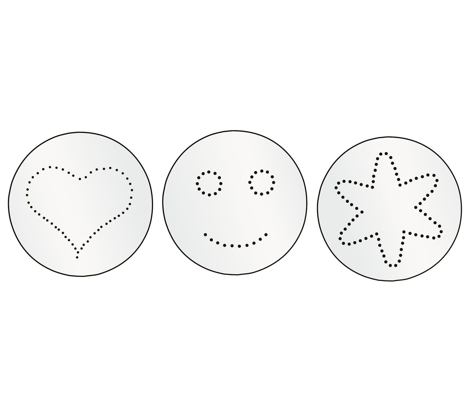 Drei runde Dekorierstreueraufsätze mit Lochmustern in Herz-, Smiley- und Sternform, von oben betrachtet.