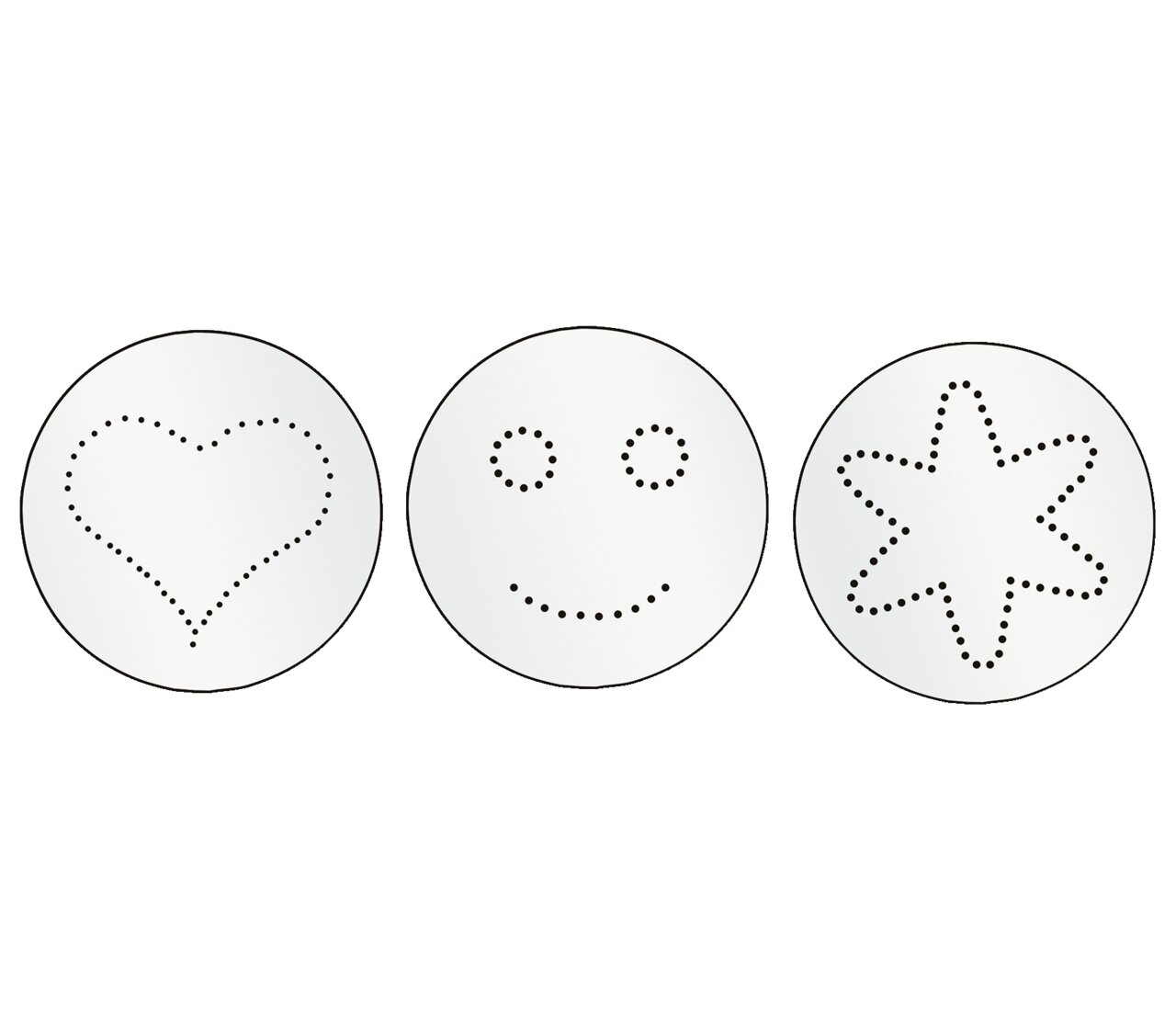 Drie ronde decoratieve strooikoppen met perforatiepatronen in de vorm van een hart, een smiley en een ster, gezien van bovenaf.