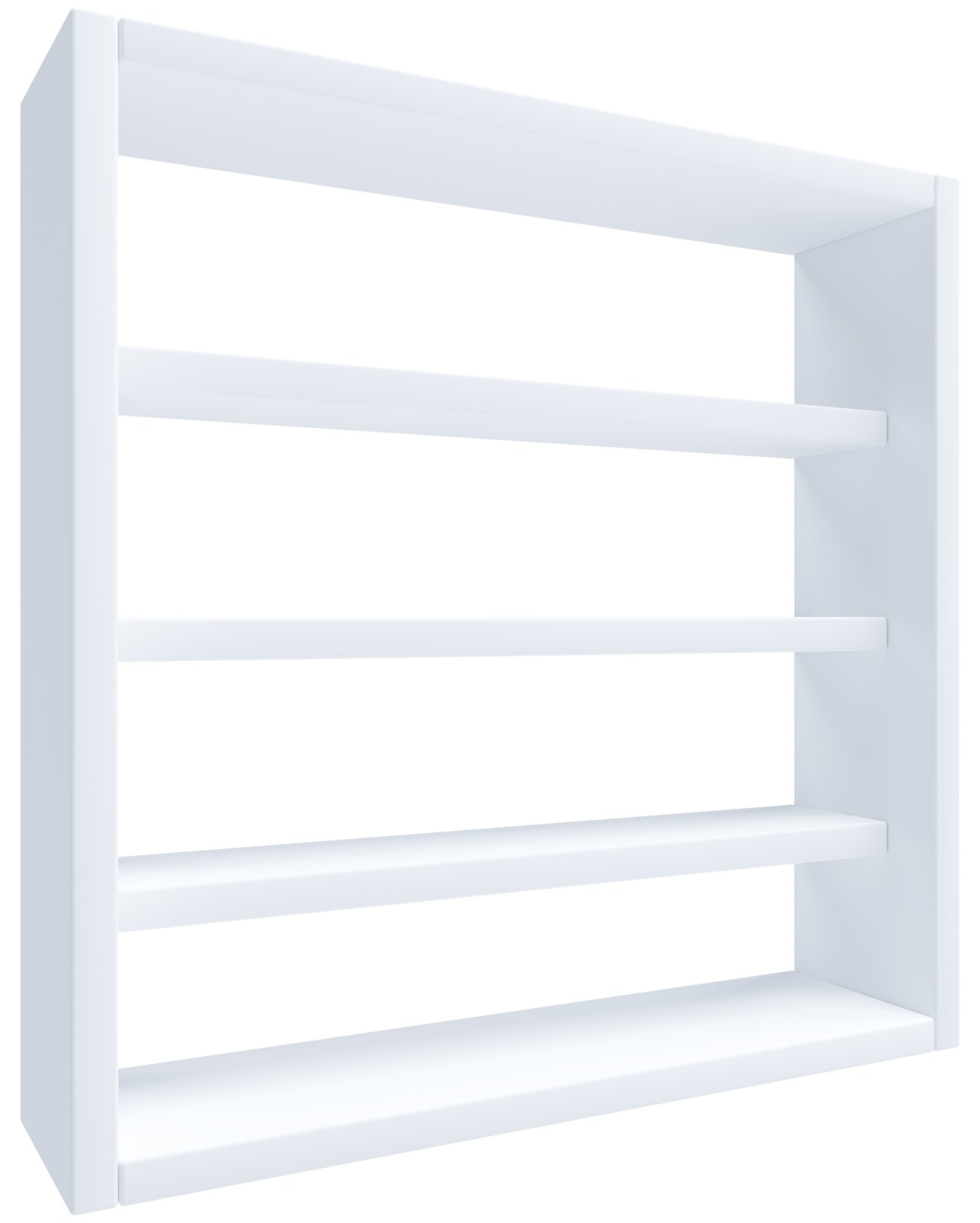 Weißes Wandregal mit mehreren Ablageböden im minimalistischen Design, schräg von vorne aus leicht seitlicher Perspektive fotografiert