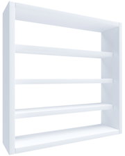 Weißes Wandregal mit mehreren Ablageböden im minimalistischen Design, schräg von vorne aus leicht seitlicher Perspektive fotografiert