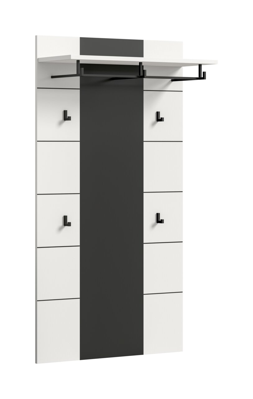MID.YOU Paneel CANU Modernes Wandgarderoben-Panel in Weiß mit schwarzer Mittelblende, Ablage und Kleiderstange sowie vier Haken, frontal in leichter Schrägansicht von vorn dargestellt