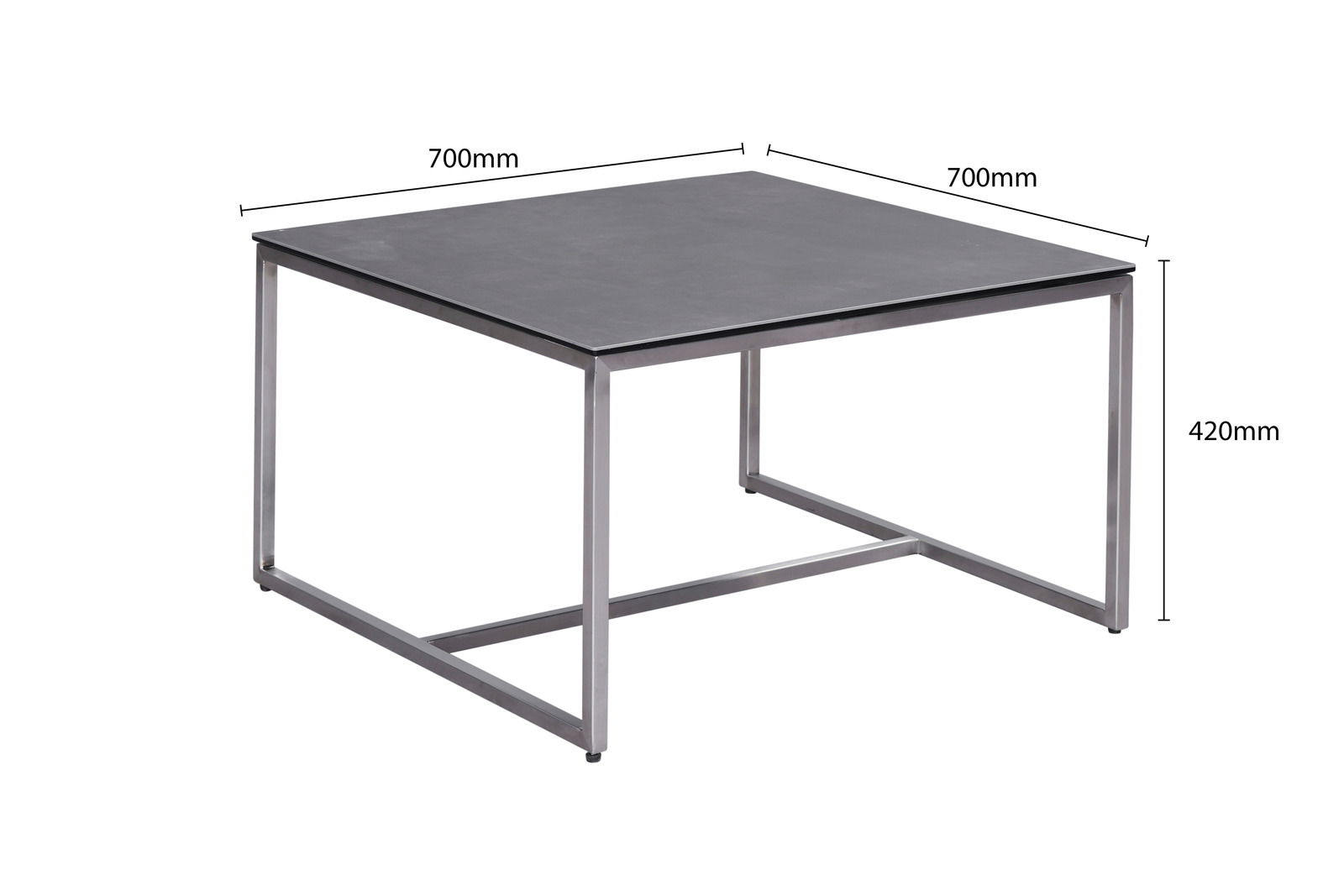 Moderner Beistelltisch mit schwarzer Tischplatte und silbernem Metallgestell, seitliche Perspektive.