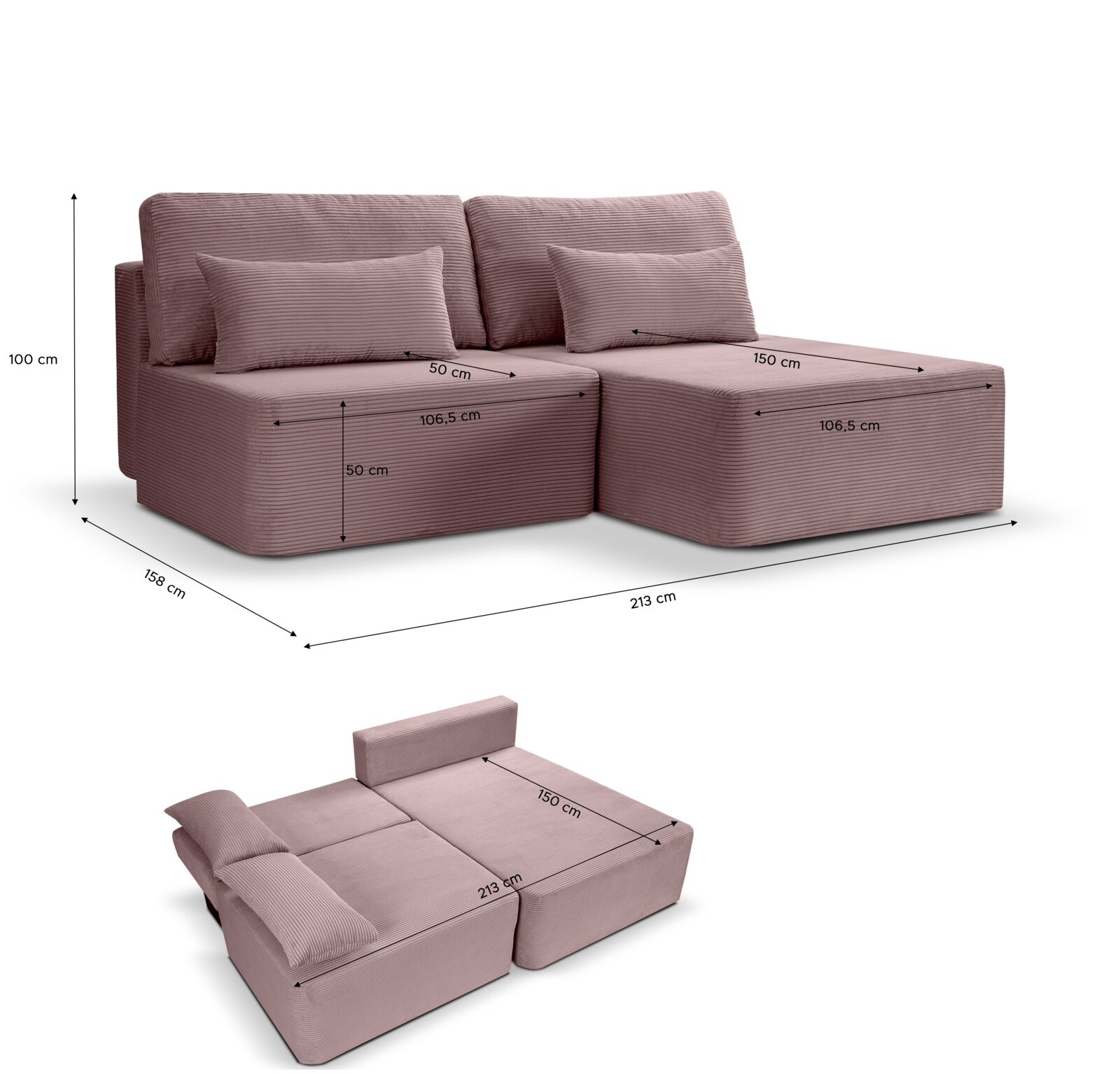 L-förmiges Schlafsofa in Rosa, Ansicht von vorne und oben, mit Maßen: 100 cm hoch, 158 cm tief, 213 cm breit.