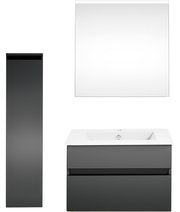 Moderne Badkombination mit Spiegel, Waschbeckenunterschrank und hohem Schrank in dunklem Design, Frontalansicht.