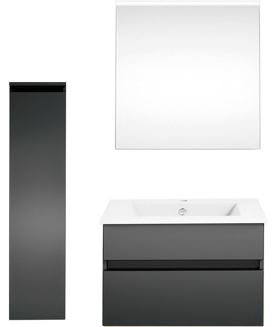 Moderne Badkombination mit Spiegel, Waschbeckenunterschrank und hohem Schrank in dunklem Design, Frontalansicht.