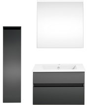 Moderne Badkombination mit Spiegel, Waschbeckenunterschrank und hohem Schrank in dunklem Design, Frontalansicht.