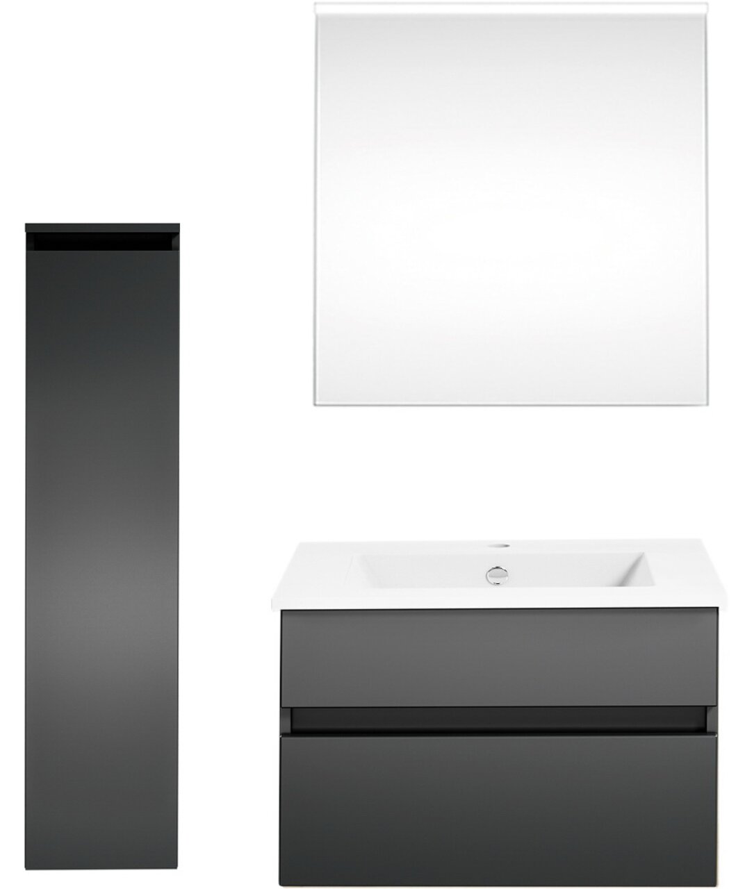 Moderne Badkombination mit Spiegel, Waschbeckenunterschrank und hohem Schrank in dunklem Design, Frontalansicht.