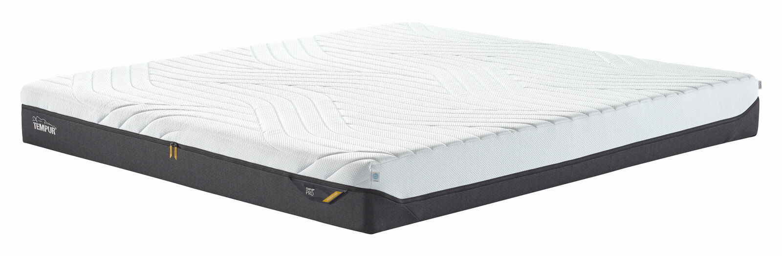 Tempur Viscomatratze PRO COOLQUILT Seitliche Ansicht einer Viscomatratze 160x200 mit weißem Bezug und schwarzem Rand.