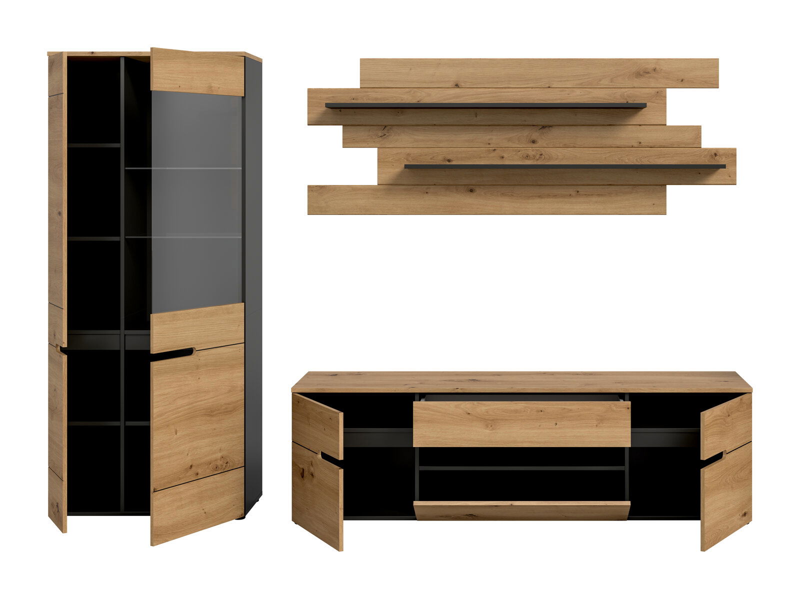 Modernes Wohnmöbel-Set in Eiche-Optik mit schwarzen Akzenten: hoher Schrank und Lowboard mit geöffneten Türen sowie Wandpaneel mit zwei Ablagen, Frontansicht leicht schräg