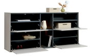 Modernes Schuhregal/Sideboard in Weiß mit offenen Fächern und nach unten klappenden Fronten, teilweise geöffnet und mit Dämpfern, frontale Ansicht.