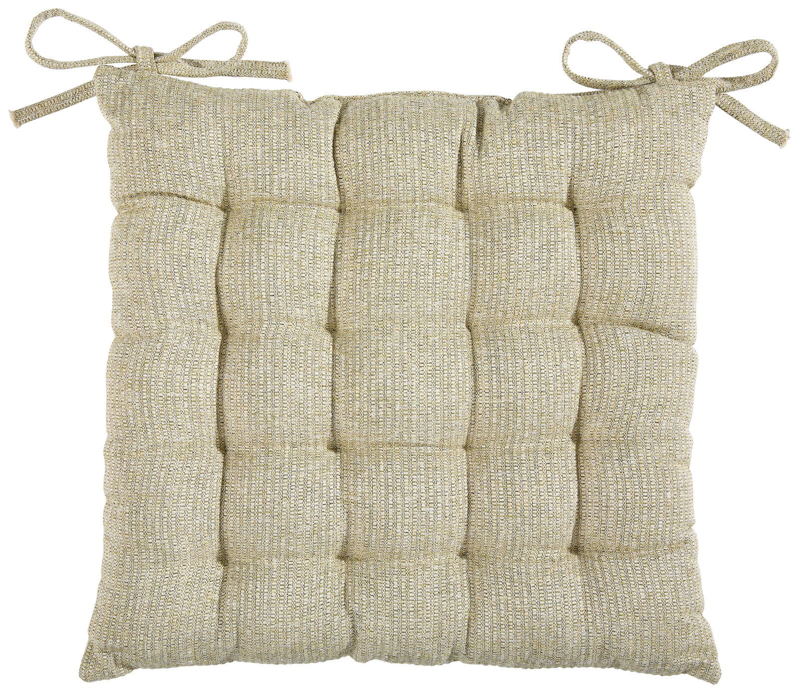 Beiges, quadratisch gestepptes Sitzkissen mit Bindebändern an den oberen Ecken, Draufsicht/Frontansicht auf weißem Hintergrund