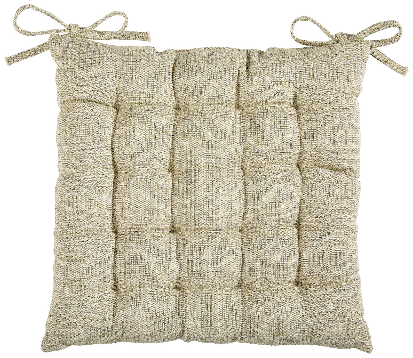 Beiges, quadratisch gestepptes Sitzkissen mit Bindebändern an den oberen Ecken, Draufsicht/Frontansicht auf weißem Hintergrund