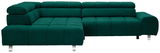 Grüne Rundecke mit Ottomane links, moderne Polsterecke in Frontalansicht.