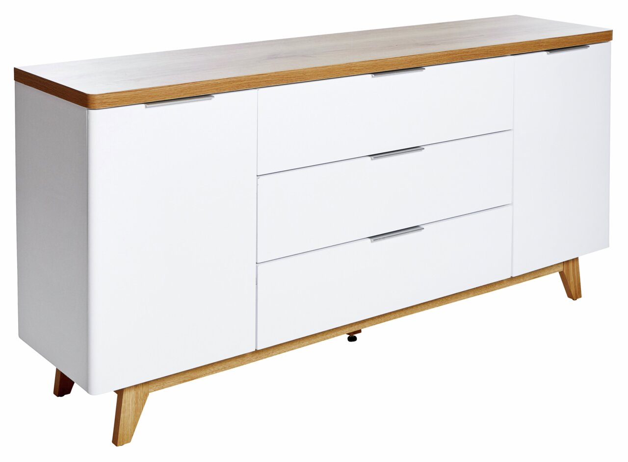 Jahnke Dressoir LIBRE Weißes Sideboard mit Holzoberfläche und schrägen Beinen, seitliche Perspektive
