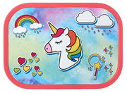 Bunte Brotdose mit Einhorn-Motiv, Regenbogen und Herzen, von oben betrachtet.