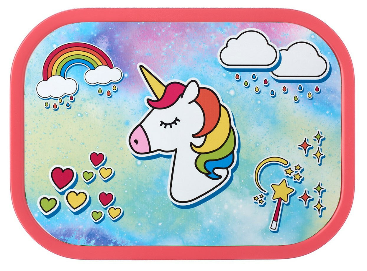 Bunte Brotdose mit Einhorn-Motiv, Regenbogen und Herzen, von oben betrachtet.