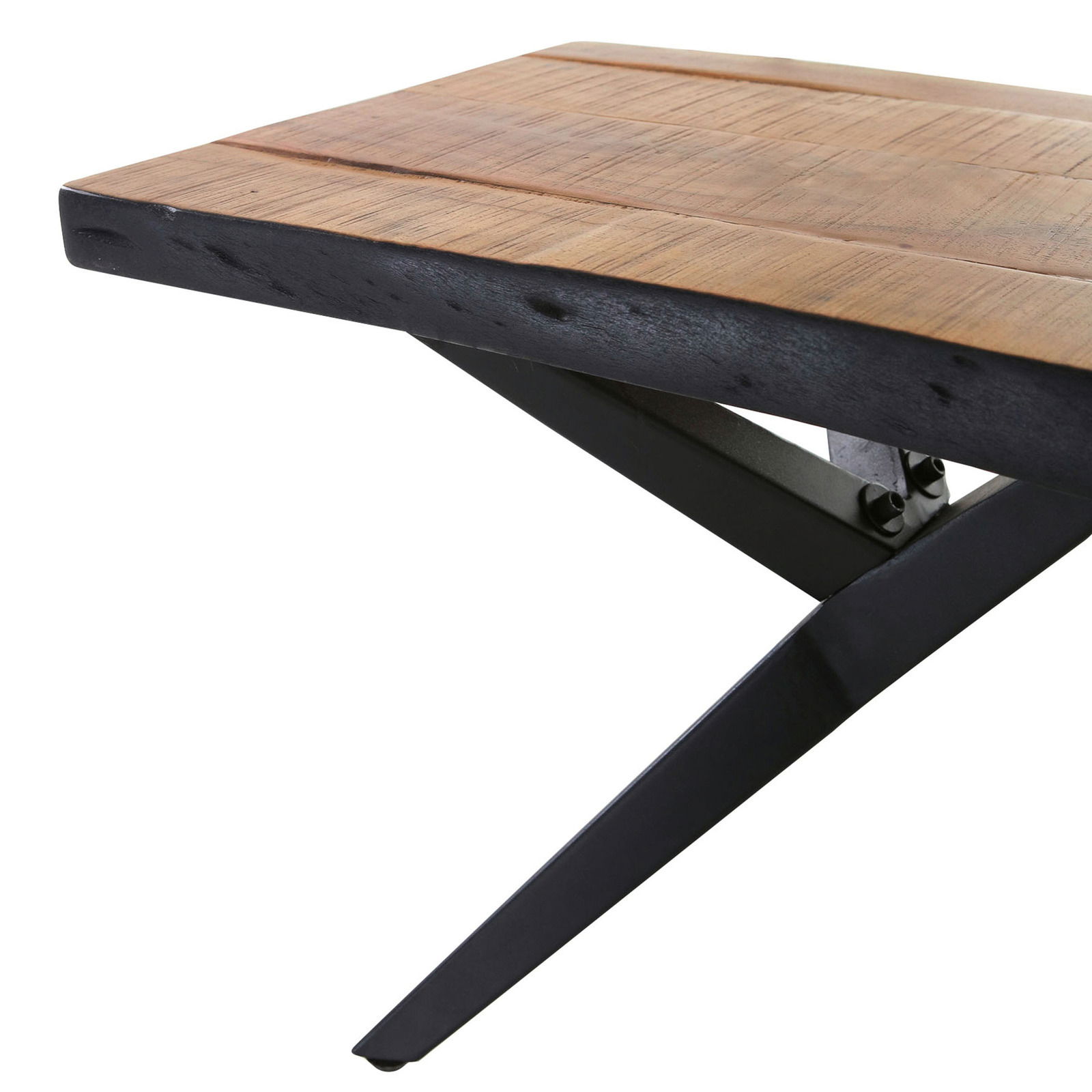 Nahaufnahme einer Bank mit einer Holzsitzfläche und schwarzen Metallbeinen, seitliche Perspektive.