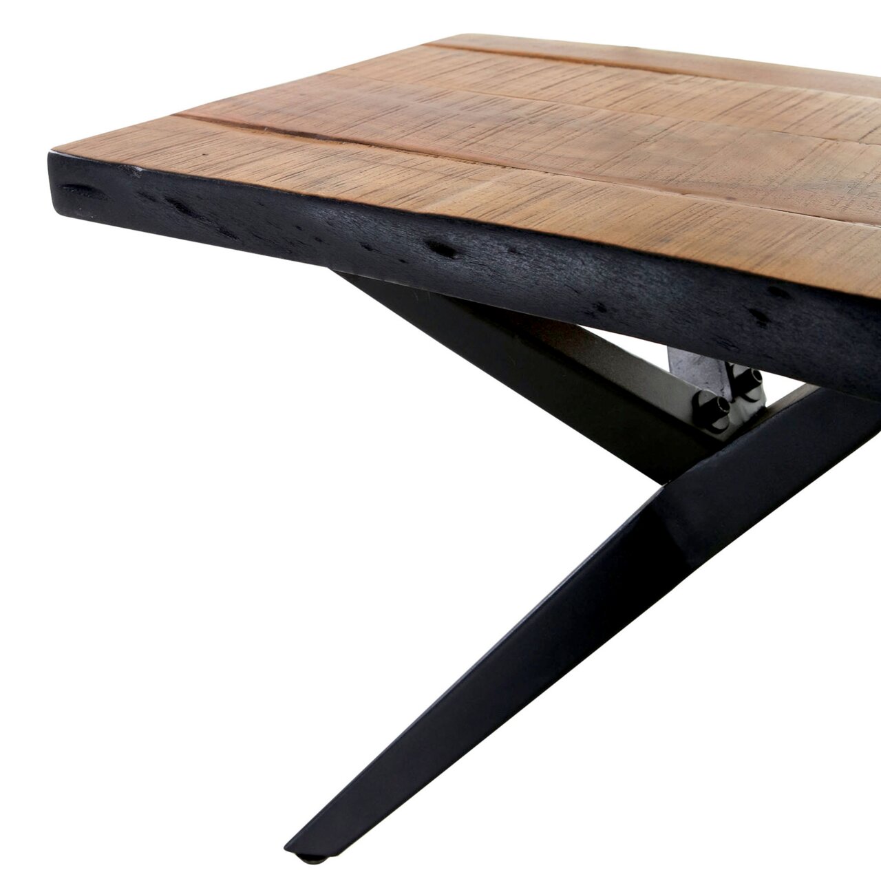 Nahaufnahme einer Bank mit einer Holzsitzfläche und schwarzen Metallbeinen, seitliche Perspektive.