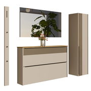 Garderoben-Set bestehend aus einem hohen Schrank, einer Kommode mit Holzoberfläche, einem Spiegel und einer Wandgarderobe mit Haken, frontal betrachtet.