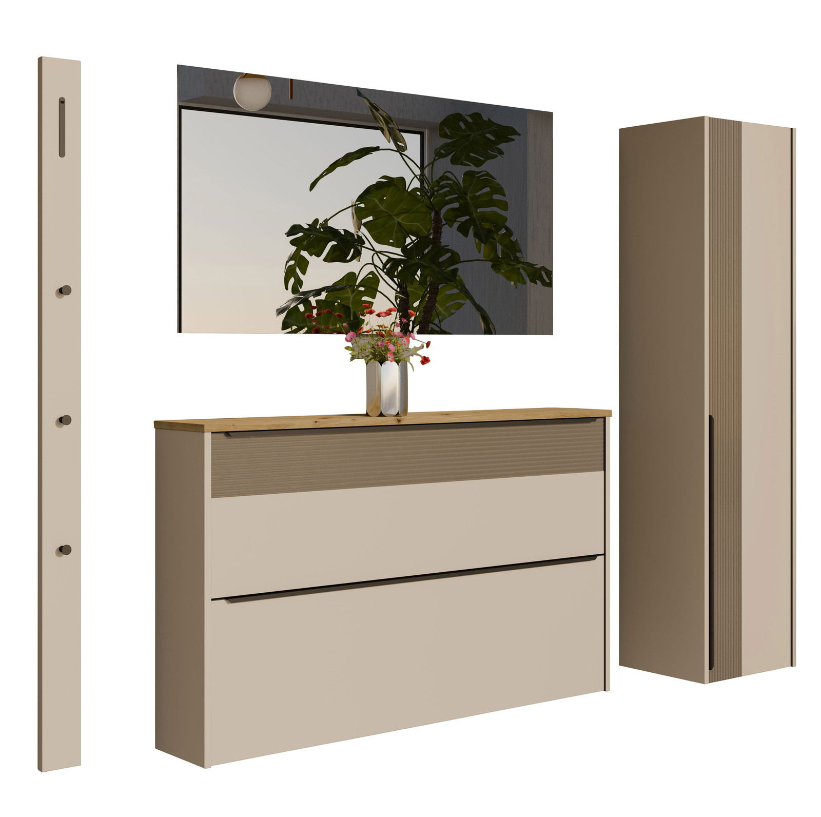 Garderoben-Set bestehend aus einem hohen Schrank, einer Kommode mit Holzoberfläche, einem Spiegel und einer Wandgarderobe mit Haken, frontal betrachtet.