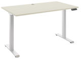 Moderner E-Schreibtisch mit heller Holzoberfläche und weißem Gestell, seitliche Perspektive