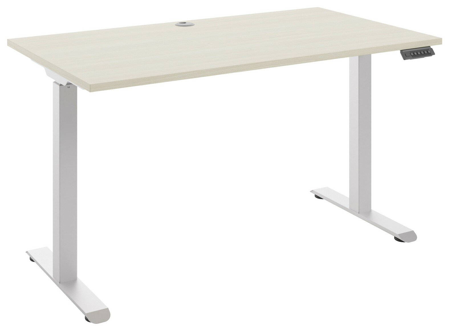 Moderner E-Schreibtisch mit heller Holzoberfläche und weißem Gestell, seitliche Perspektive