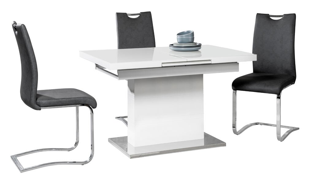 Esszimmer-Set mit modernem weißen Tisch und zwei schwarzen Freischwinger-Stühlen, seitliche Perspektive