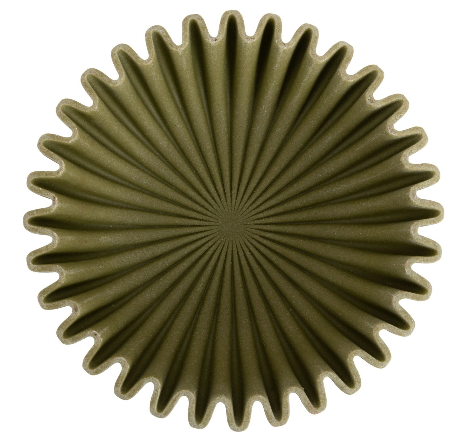 Obenansicht einer mittelgroßen, dunkelgrünen Schale mit wellenförmigem Rand und radialem Muster.