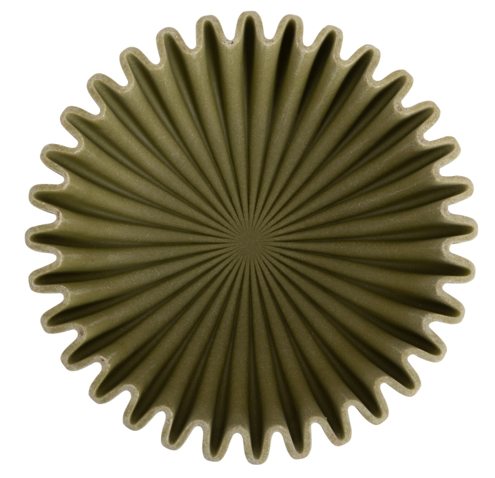 Obenansicht einer mittelgroßen, dunkelgrünen Schale mit wellenförmigem Rand und radialem Muster.