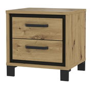 Nachtkonsole aus Holz mit zwei Schubladen und schwarzen Griffen, seitliche Perspektive