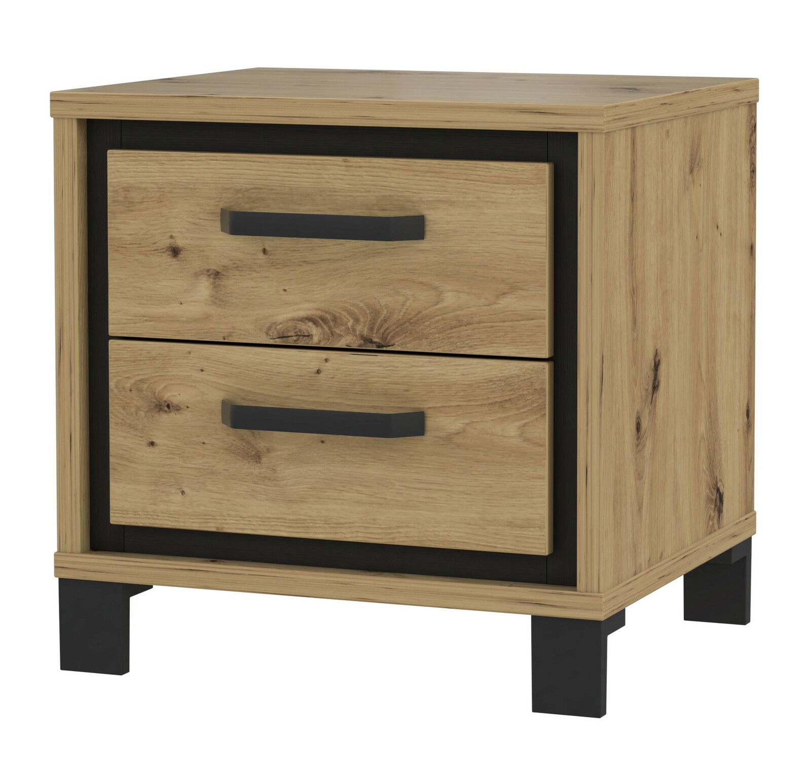 Nachtkonsole aus Holz mit zwei Schubladen und schwarzen Griffen, seitliche Perspektive