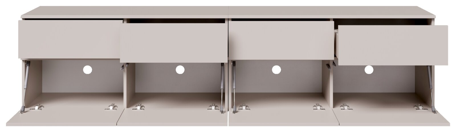 Beiges Lowboard/TV-Board mit vier Klappfächern und geöffneten Fronten, sichtbar sind Gasdruckdämpfer und Kabeldurchführungen; Frontansicht.