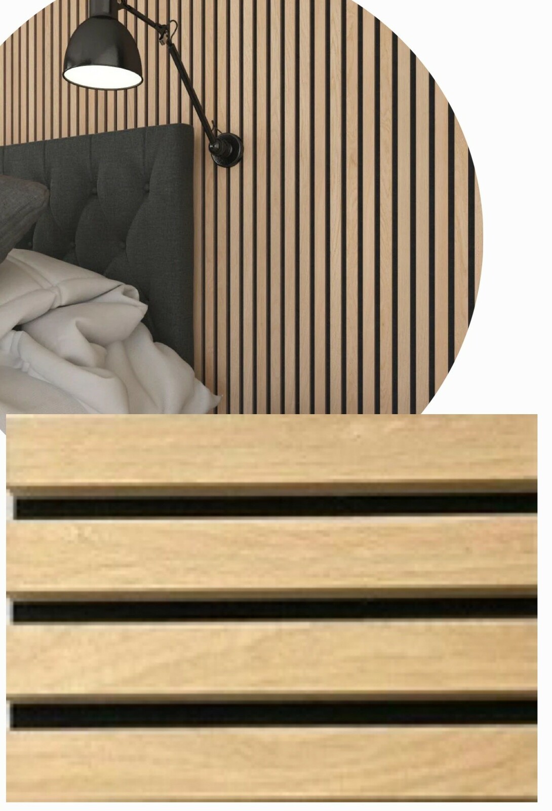 Akustikpaneele in Holzoptik, vertikale Streifen, an der Wand hinter einem Bett mit Lampe, seitliche Perspektive