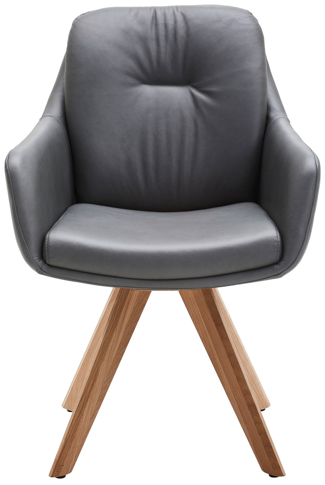 Grauer Armlehnstuhl mit Holzbeinen, Frontalansicht