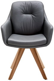 Grauer Armlehnstuhl mit Holzbeinen, Frontalansicht