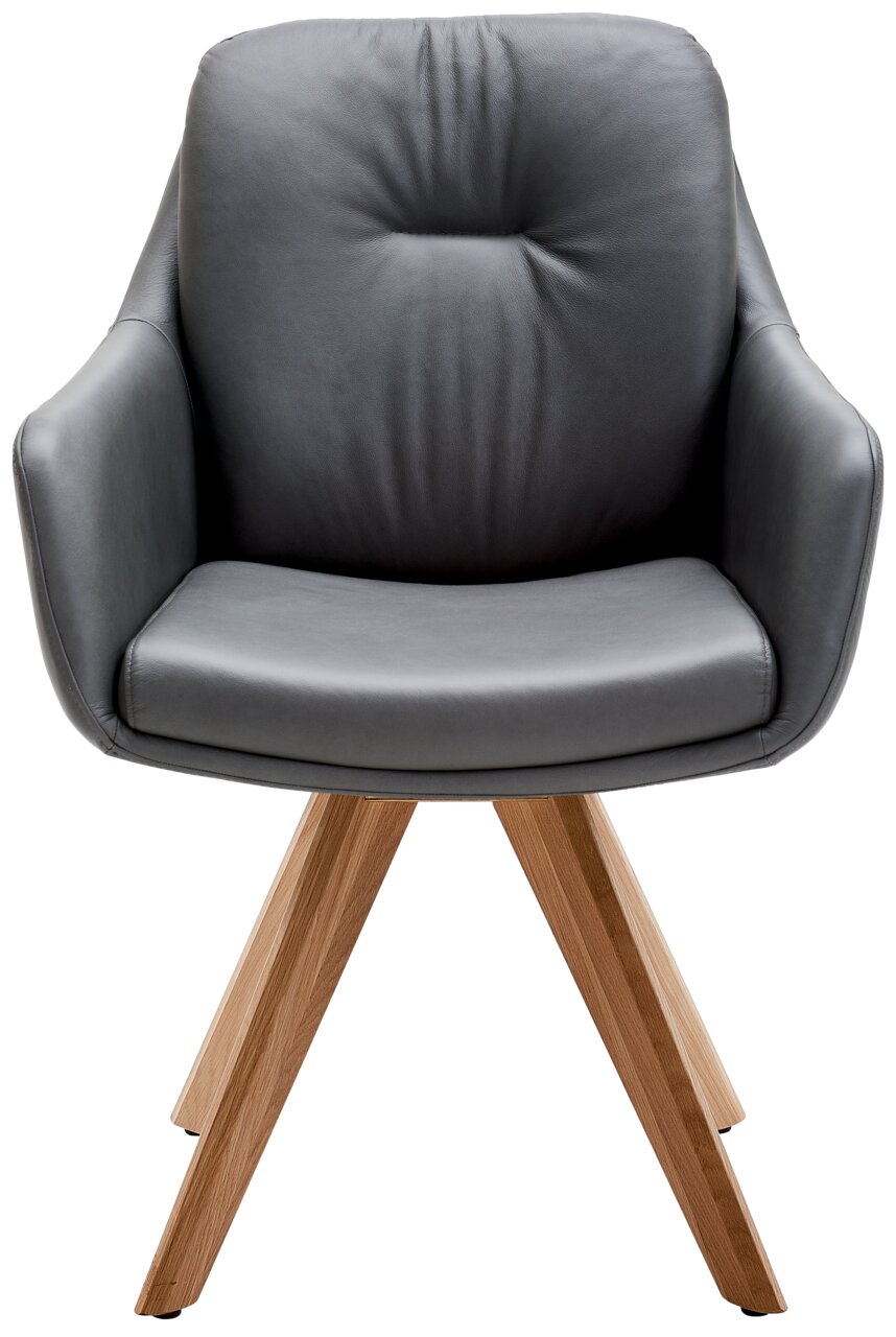 Grauer Armlehnstuhl mit Holzbeinen, Frontalansicht