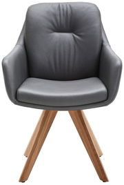 Grauer Armlehnstuhl mit Holzbeinen, Frontalansicht