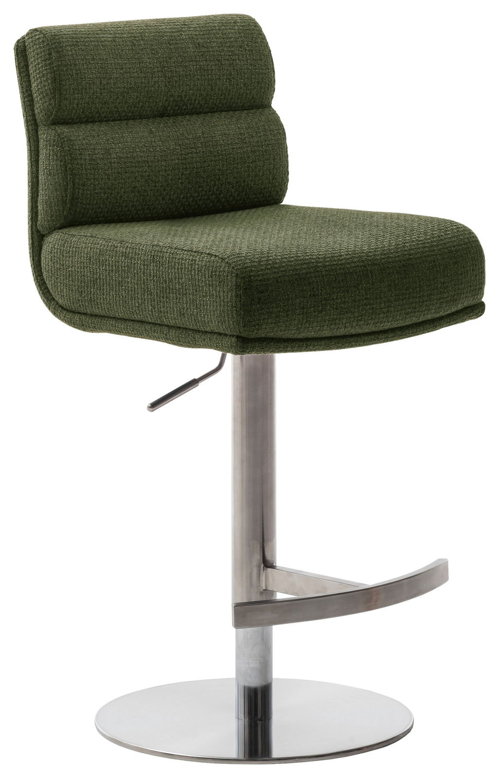 Grüner Barstuhl mit gepolsterter Sitzfläche und Rückenlehne, verstellbarem Hebel und verchromtem Standfuß, seitliche Perspektive