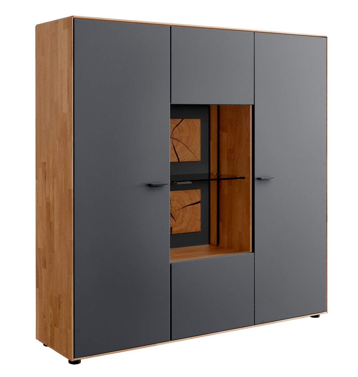 Modernes Highboard aus Holz mit grauen Türen und einem zentralen offenen Fach, seitliche Perspektive.