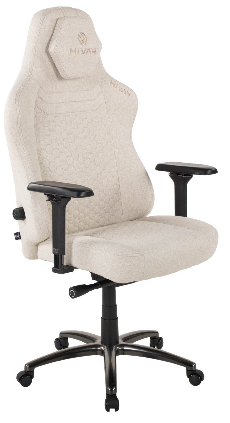 Beiger Gaming Stuhl mit ergonomischem Design, verstellbaren Armlehnen und stabiler Basis, seitliche Perspektive