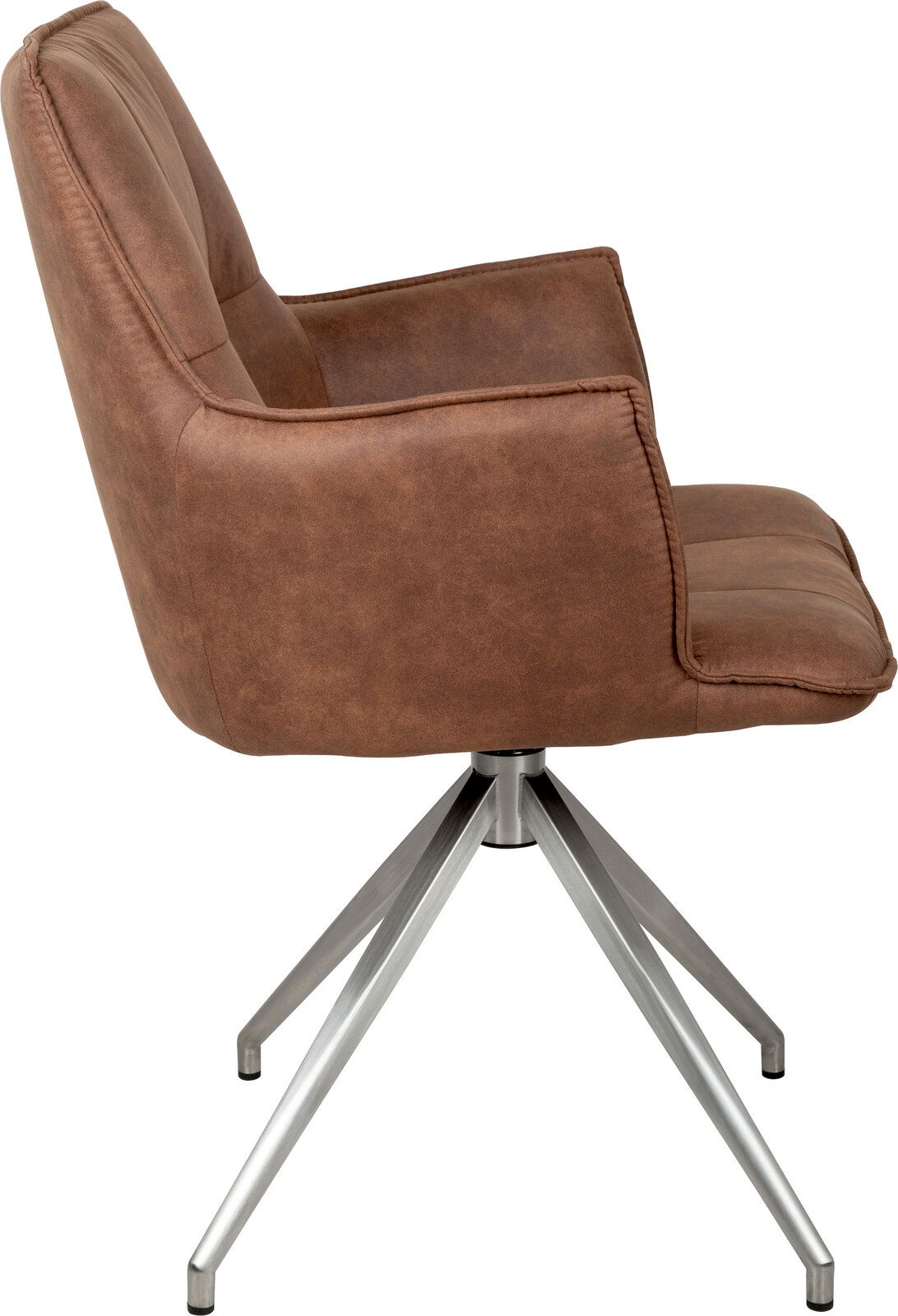 Brauner Polster-Drehstuhl in Lederoptik mit Armlehnen und Metallkreuzfuß, Seitenansicht von links