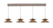 Frontaal aanzicht van een moderne langwerpige hanglamp met vier amberkleurige glazen kappen aan zwarte snoeren en een beige plafondbalk.
