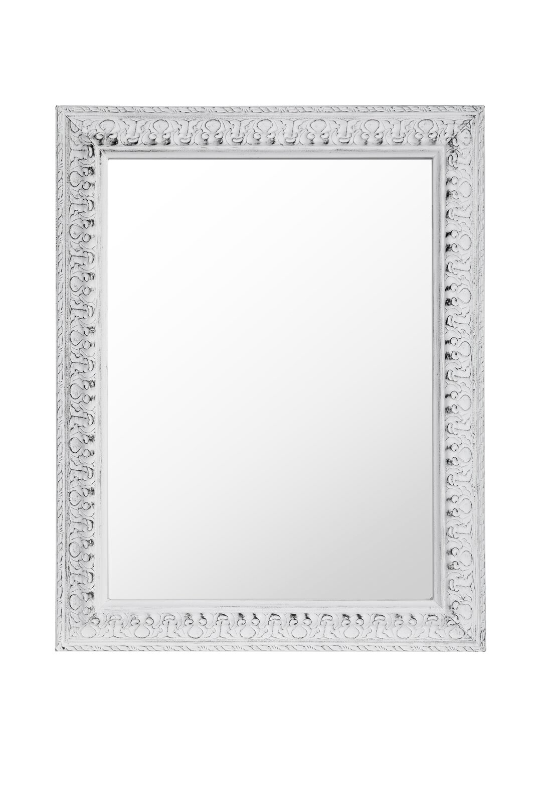 Weißer Spiegel der Serie EMMA mit dekorativem Rahmen, frontal abgebildet.
