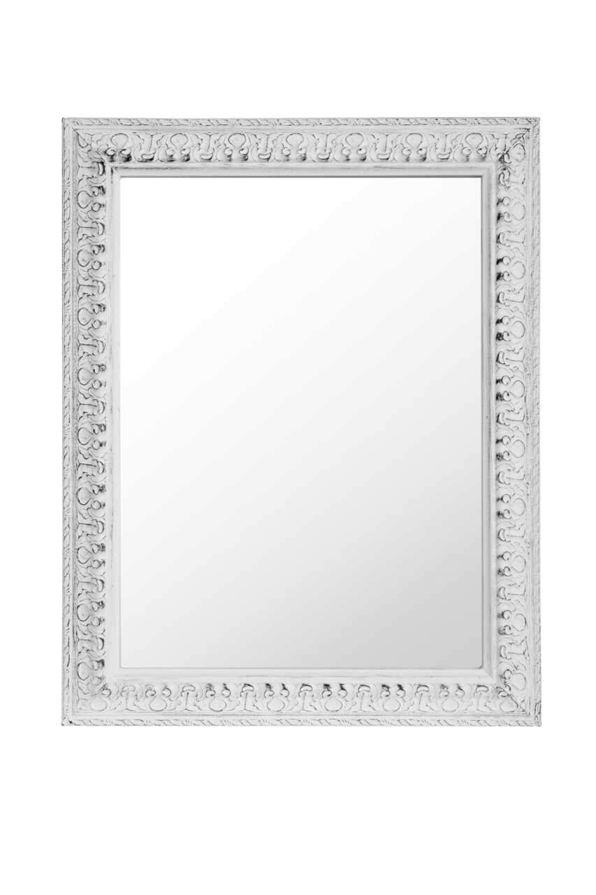 Weißer Spiegel der Serie EMMA mit dekorativem Rahmen, frontal abgebildet.