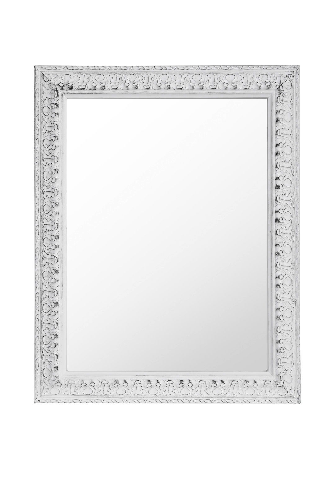Weißer Spiegel der Serie EMMA mit dekorativem Rahmen, frontal abgebildet.