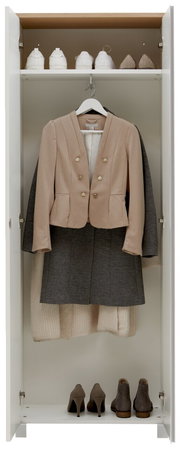 Offener Dielenschrank der Serie SORRENT von Dieter Knoll, gefüllt mit Kleidung und Schuhen, aus der Frontalperspektive.