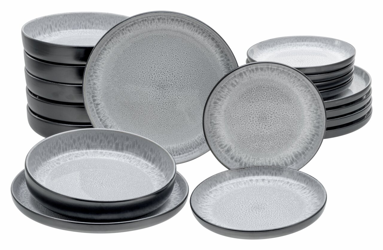 creaTable Tellerset 18-tlg. Frost NORDIC FJORD Tellerset 18-tlg. Frost in grauer und schwarzer Farbgebung, von vorne fotografiert