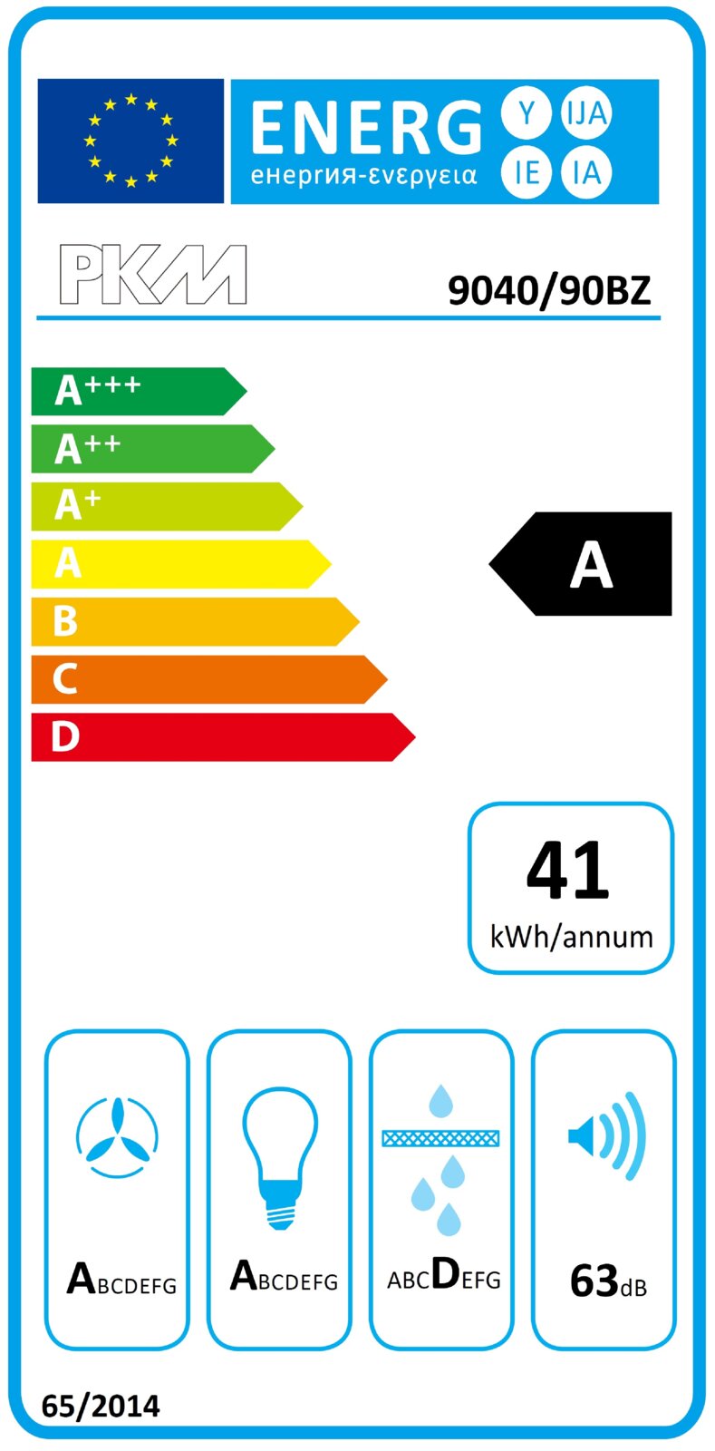 EU-Energielabel für PKM 9040/90BZ mit Effizienzklasse A, 41 kWh/Jahr, Geräuschpegel 63 dB und Piktogrammen; Frontalansicht des Labels