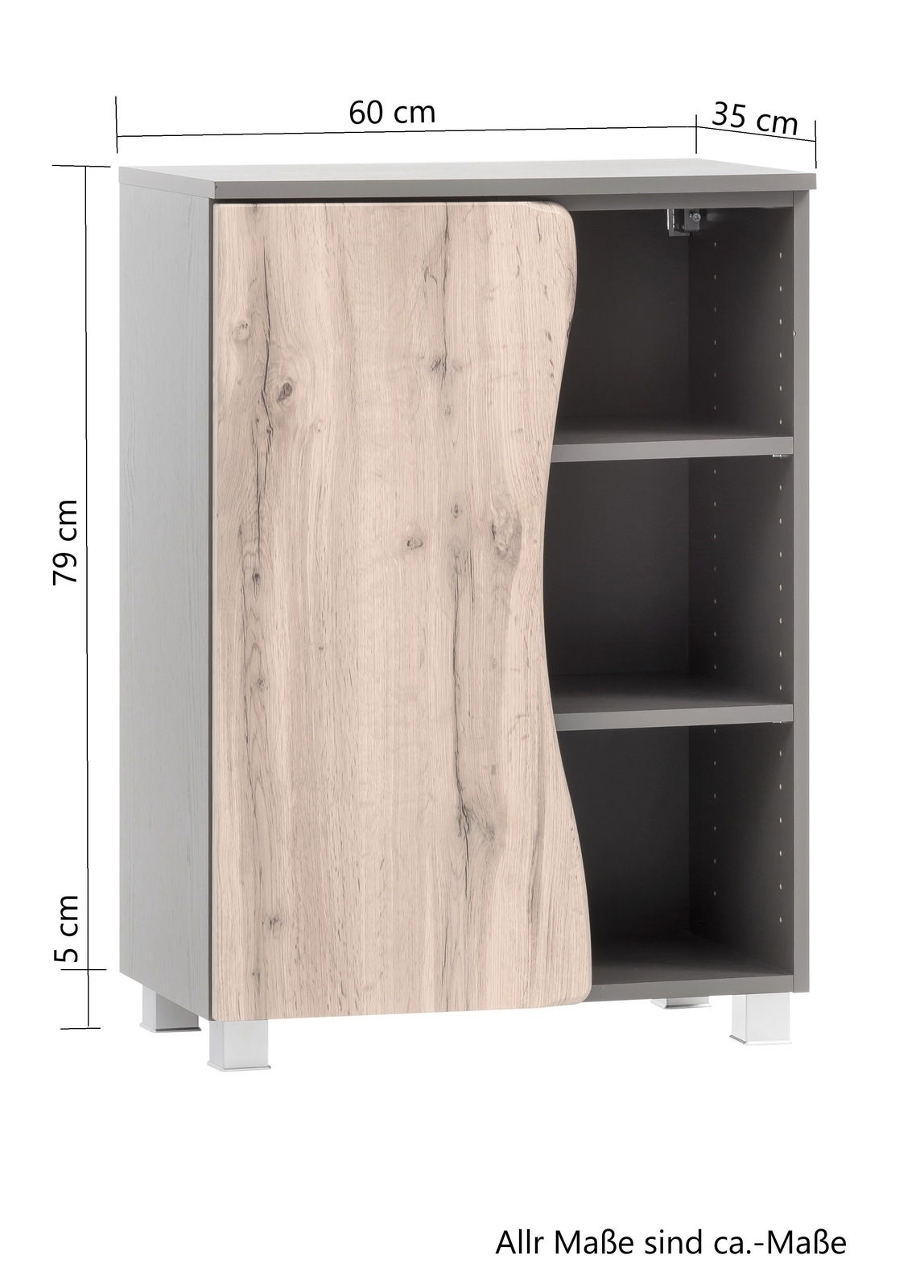 Unterschrank 60 cm breit, 79 cm hoch, 35 cm tief, mit Holzoptik-Tür und drei offenen Fächern, Frontansicht
